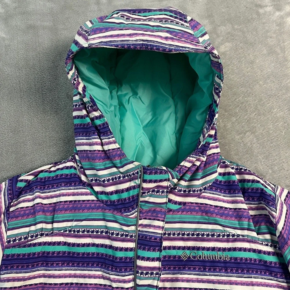Columbia Girls Purple Teal Striped Insulated Puffer Winter Jacket Hooded L 14/16